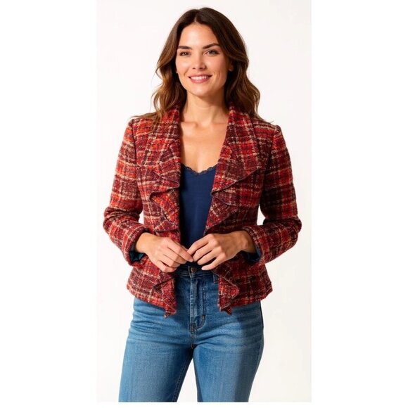 Anthropologie Jackets & Blazers - Anthropologie Tabitha Moretown Red Plaid Ruffle Tweed Belted Wool Jacket Sz 4 Nw